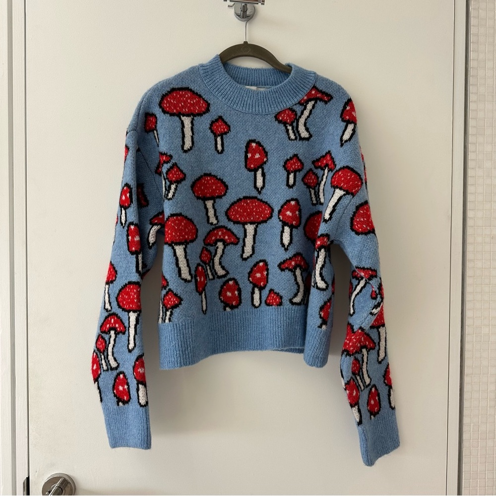 Zara Light Blue Knit Sweater with Red Mushroom Motif